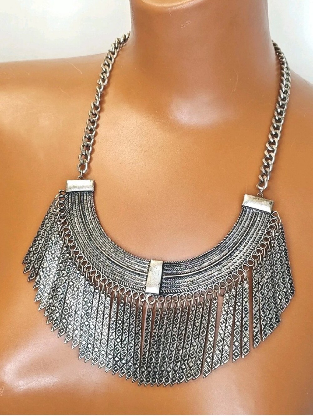 Bohemian Choker Dangle Bib Scoop Necklace Darkened Silver Tone Chunky Statement